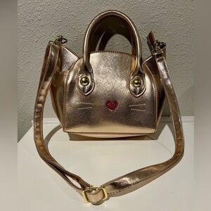 Luv Betsey Johnson Cat Face Purse Gold Satchel Pink Nose EUC